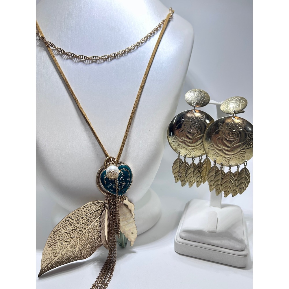 Boho Botanical Statement Necklace & Earrings Set Blue Teal GoldTone Leaf Jewelry